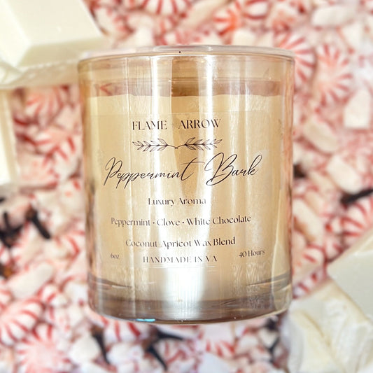 Peppermint Bark coconut apricot wax candle in champagne glass jar, clean-burning and toxin-free.