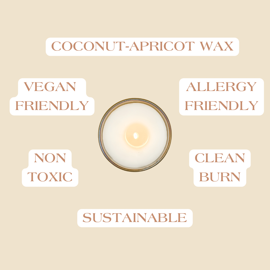 An ariel view with product facts about coconut apricot wax candles.